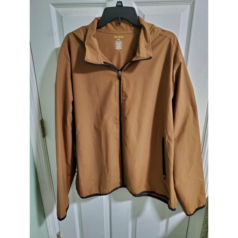 Tek Gear Mens XXL Brown Hooded Windbreaker Full Zip Lightweight Jacket Coat